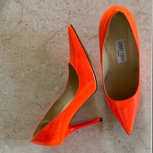 Jimmy Choo Neon/Orange Stiletto’s Pumps size 35 1/2  (5 USA) Pre- Owned.